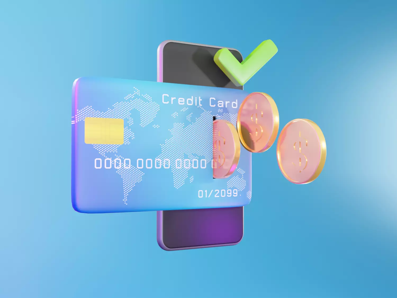 Creditcard with coins and a smartphone 